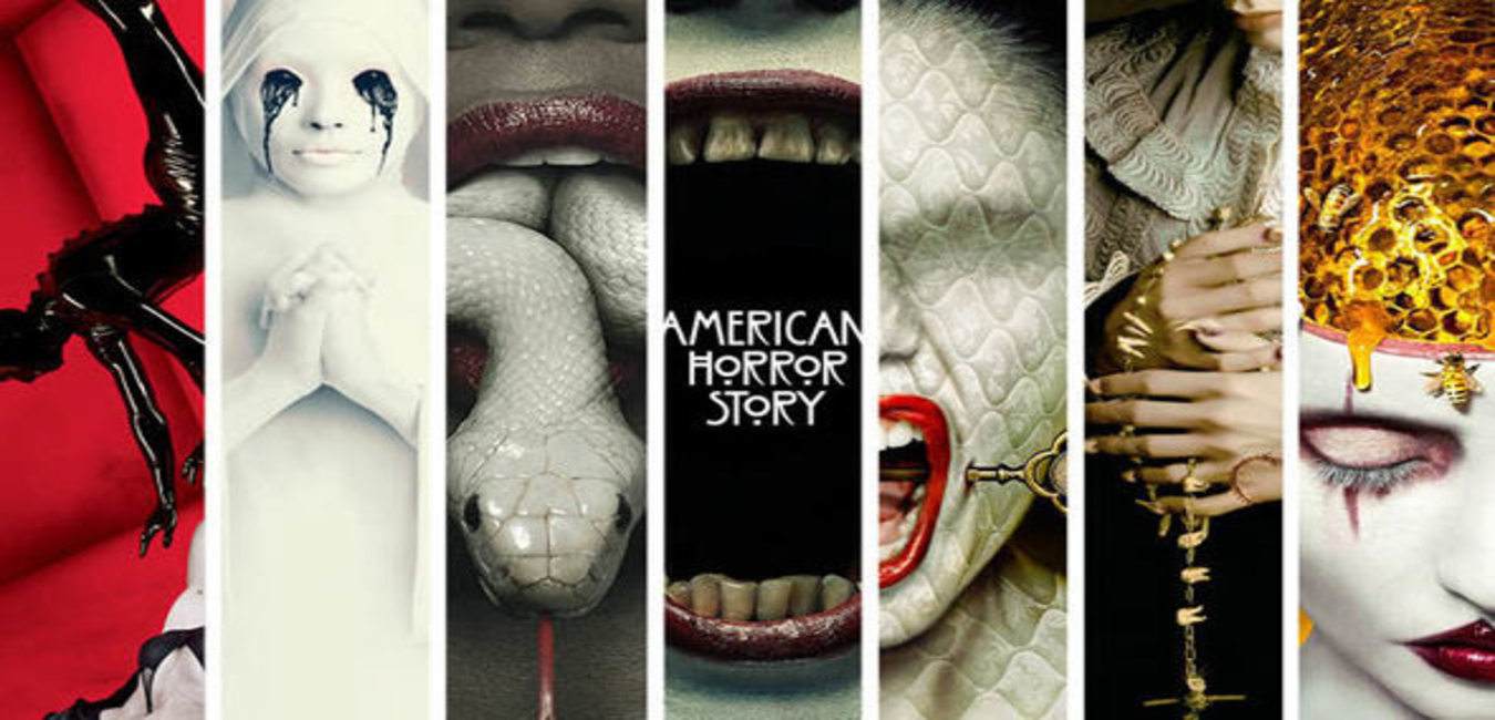Compilation of American Horror Story artwork over the season. Left to right: Murder House, Asylum, Coven, Freak Show, Hotel, Roanoke, Cult
